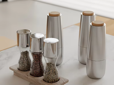 Set Of Modern Stainless Steel Spice Grinders With Wooden Lids On Marble Kitchen Countertop 3d model