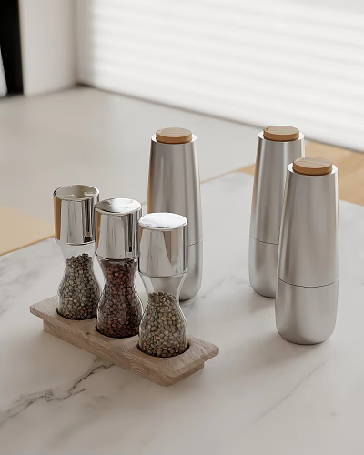 Set Of Modern Stainless Steel Spice Grinders With Wooden Lids On Marble Kitchen Countertop 3d model