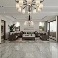 Modern Open Living Dining Room Interior With Marble Floor Chandelier Sofa Dining Table TV Wall
