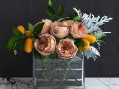 Glass Vase With Peach Roses Green Leaves Silver Foliage And Yellow Fruits On Marble Surface 3d model