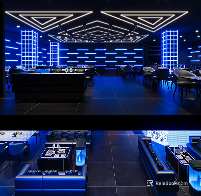 Modern Bar Interior Design With Blue Lighting And Comfortable Seating Area 3d model