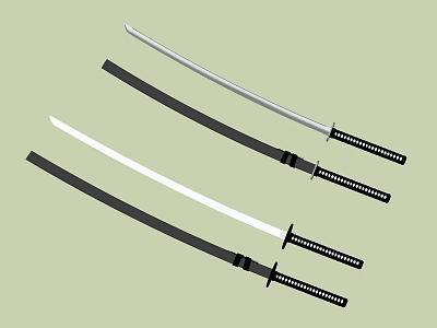 Three Traditional Japanese Katana Swords with Sharp Blades and Black Handles in Display Arrangement 3d model