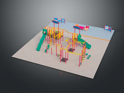 Colorful Outdoor Playground Structure With Slides Climbing Frames And Sand Area 3d model