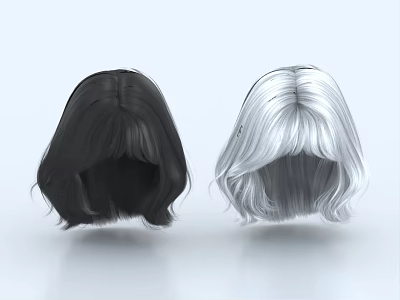 Stylish Synthetic Wigs in Black and Silver White with Short Hair and Bangs 3d model