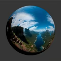Cartoon Scenic Landscape With Mountains Winding River Stone Steps Green Meadows Blue Sky And Clouds