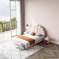 Cozy Pink Shell Shaped Headboard Kids Bed With Stuffed Toys And Blue Pendant Light
