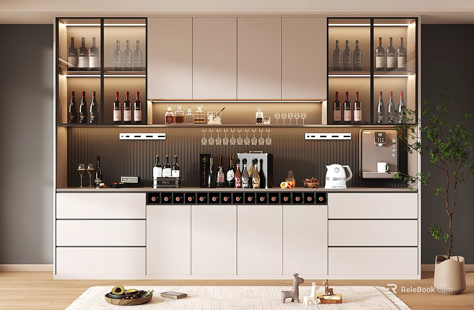 Elegant Modern Wine Cabinet Interior With Open Shelves Lighting Wine Bottles And Glasses 3d model 