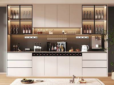 Elegant Modern Wine Cabinet Interior With Open Shelves Lighting Wine Bottles And Glasses 3d model