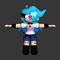 3D Game Movie Character With Teal Hair Pink Eyes White Top Blue Shorts Arms Outstretched