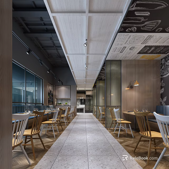 Modern Restaurant Interior With Open Layout Wooden Tables Chairs Pendant Lights And Glass Windows 3d model 