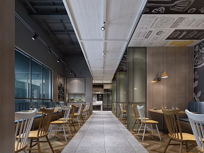 Modern Restaurant Interior With Open Layout Wooden Tables Chairs Pendant Lights And Glass Windows 3d model