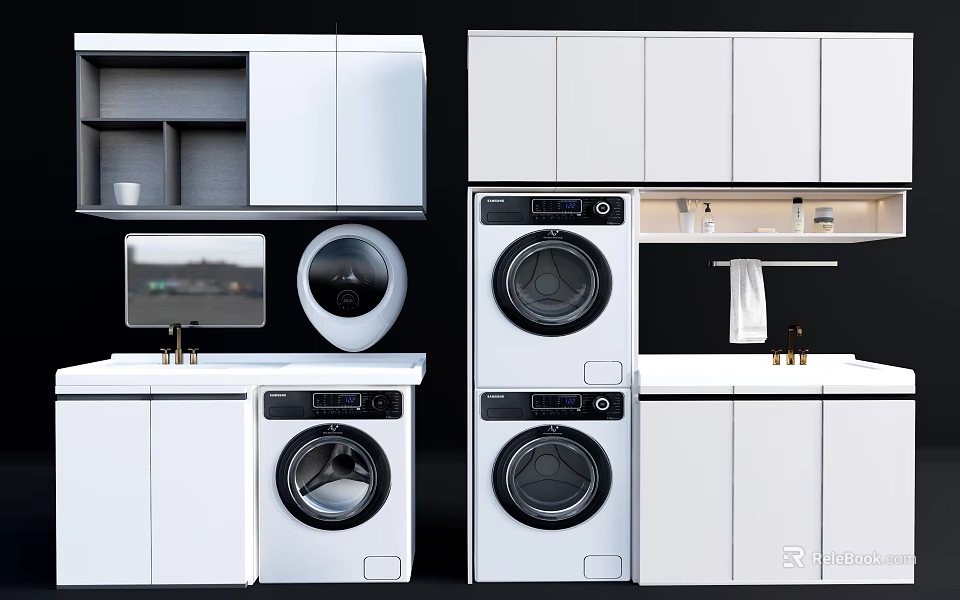 Modern White Bathroom Cabinet Rack With Washing Machine And Storage Design 3d model 
