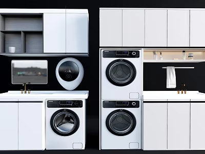 Modern White Bathroom Cabinet Rack With Washing Machine And Storage Design 3d model