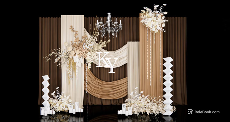 Elegant Wedding Photo Check-in Spot With Beige Brown Curtains Crystal Chandelier And Floral Decorations 3d model 