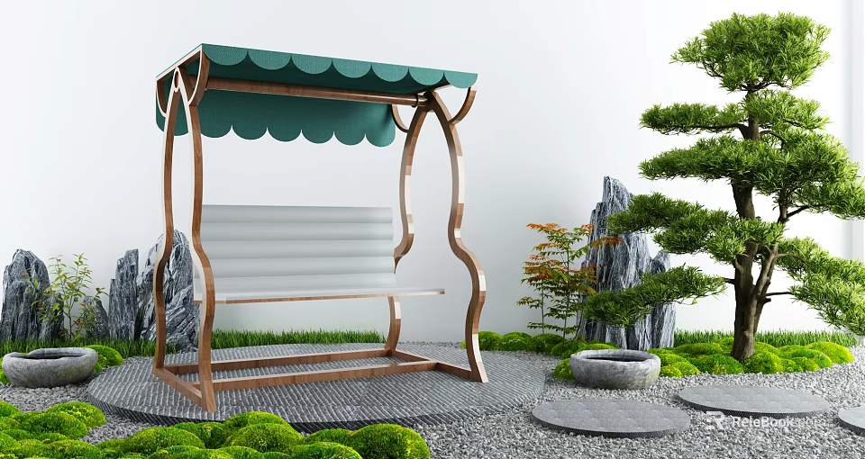 Wooden Outdoor Swing Chair With Green Canopy In Zen Garden 3d model 
