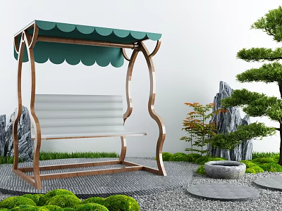 Wooden Outdoor Swing Chair With Green Canopy In Zen Garden 3d model