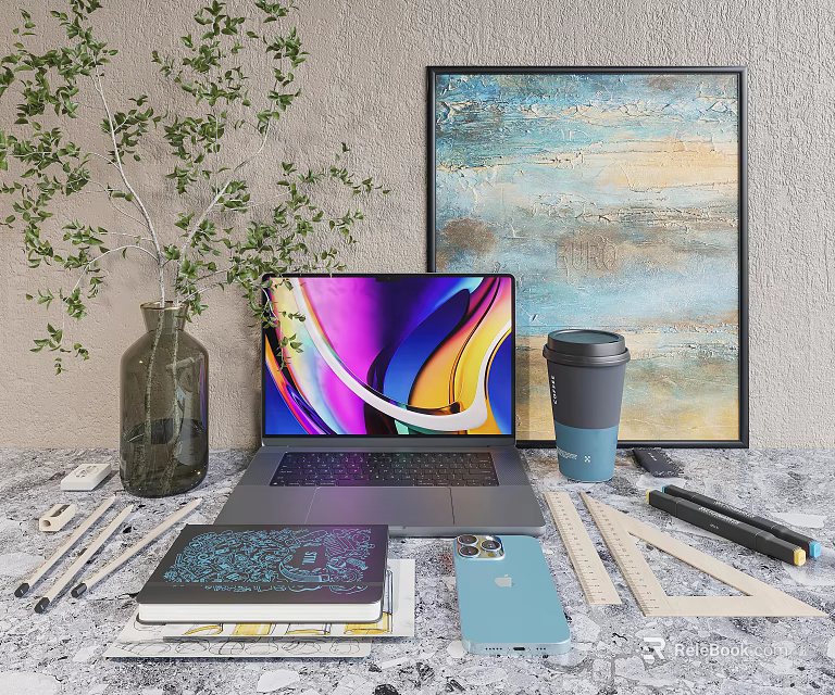 Modern Laptop With Colorful Screen Coffee Cup Notebook Phone And Plant 3d model 
