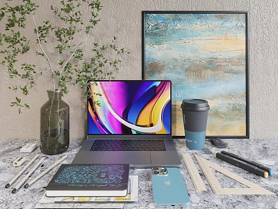 Modern Laptop With Colorful Screen Coffee Cup Notebook Phone And Plant 3d model