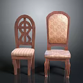 Two Traditional Wooden Chairs with Carved Backrest and Upholstered Patterned Seat