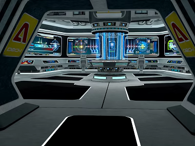 Cartoon Futuristic Spaceship Cockpit Scene With Multiple Screens Control Panels And Yellow Warning Signs 3d model