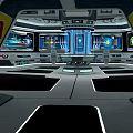 Cartoon Futuristic Spaceship Cockpit Scene With Multiple Screens Control Panels And Yellow Warning Signs