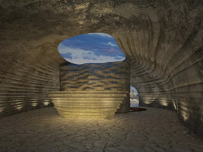 Unique Architectural Interior with Curved Stone Walls Skylight Revealing Sky Clouds Stepped Structure Cracked Floor 3d model
