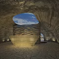 Unique Architectural Interior with Curved Stone Walls Skylight Revealing Sky Clouds Stepped Structure Cracked Floor