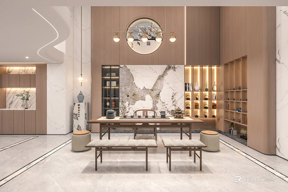 Modern Tea Room Interior With Circular Mirror Wooden Elements And Marble Backdrop 3d model