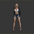 A Woman Wearing White Crop Top Denim Shorts Black Leather Jacket Standing On Gray Background