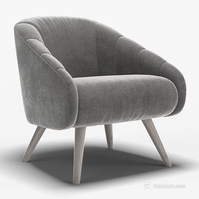 Elegant Modern Gray Velvet Armchair With Curved Arms And Wooden Legs 3d model 