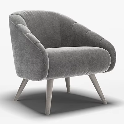 Elegant Modern Gray Velvet Armchair With Curved Arms And Wooden Legs 3d model