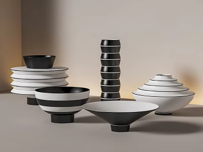 Minimalist Black And White Ceramic Vessels With Stacked Design For Modern Decorative 3d model