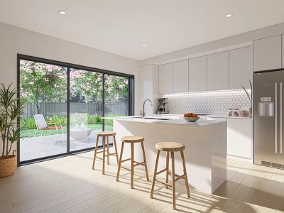 Modern Open Kitchen Interior Design With White Cabinets Island Bar Stools And Large Windows 3d model