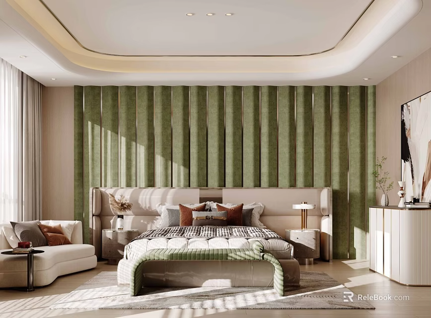 Cozy Bedroom Interior With Green Vertical Striped Wall Beige Bed Frame And Decorative Pillows 3d model 