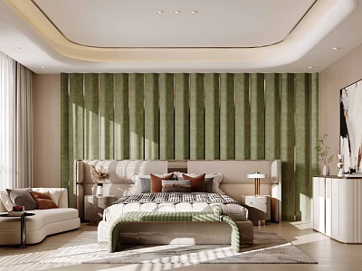 Cozy Bedroom Interior With Green Vertical Striped Wall Beige Bed Frame And Decorative Pillows 3d model