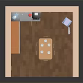 Cartoon Kitchen Scene With Wooden Cabinets Dining Table Chairs Refrigerator And Window