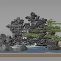 Artistic Rockery Stones Miniature Landscape With Green Pine Tree And Flowing Water