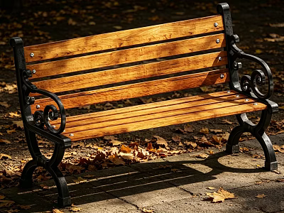 Outdoor Public Bench with Wooden Slats and Metal Armrests Surrounded by Autumn Leaves 3d model