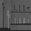Modern Metal Faucets Display On Gray Wall Shelves With Shower And Basin Taps