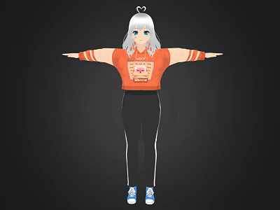 3D Character with White Hair Orange Shirt Blue Eyes Arms Outstretched Black Pants 3d model