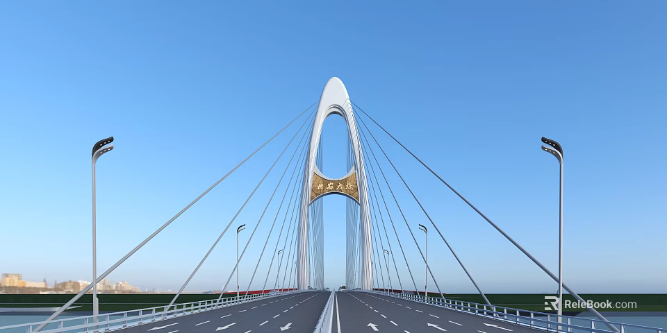 Modern Cable Stayed Bridge With Arched Structure Golden Decoration And Blue Sky Backdrop 3d model 