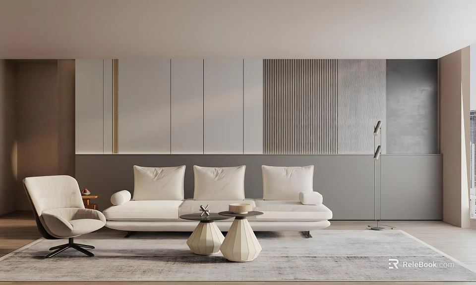 Minimalist Living Room With Beige Sofa White Armchair And Wooden Accent Wall 3d model 