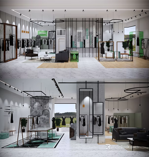 Modern Clothing Store Interior With Fashion Display Racks Lighting And Decorative Plants 3d model 