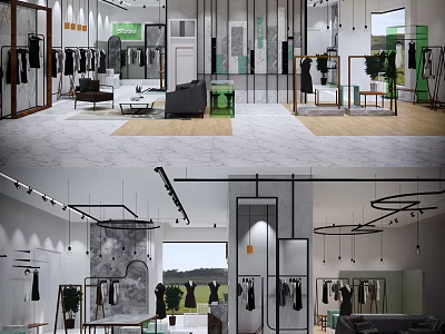 Modern Clothing Store Interior With Fashion Display Racks Lighting And Decorative Plants 3d model