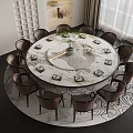 Round Dining Table Set with Marble Top Chairs Tableware and Green Plant 3d model