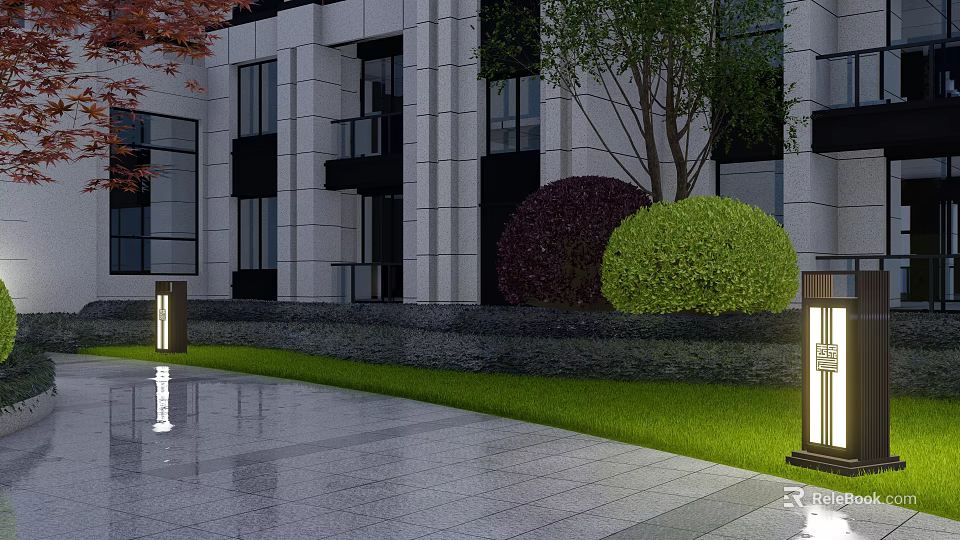 Outdoor Lights For Modern Building Exterior With Green Lawn And Trimmed Bushes 3d model 