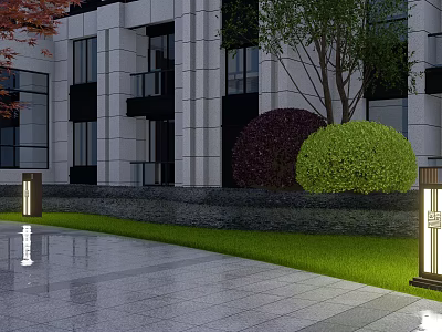 Outdoor Lights For Modern Building Exterior With Green Lawn And Trimmed Bushes 3d model