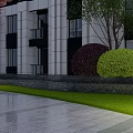 Outdoor Lights For Modern Building Exterior With Green Lawn And Trimmed Bushes