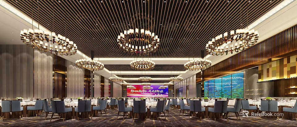Elegant Banquet Hall Interior With Crystal Chandeliers Dining Tables Chairs And Large Screen 3d model 
