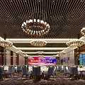 Elegant Banquet Hall Interior With Crystal Chandeliers Dining Tables Chairs And Large Screen